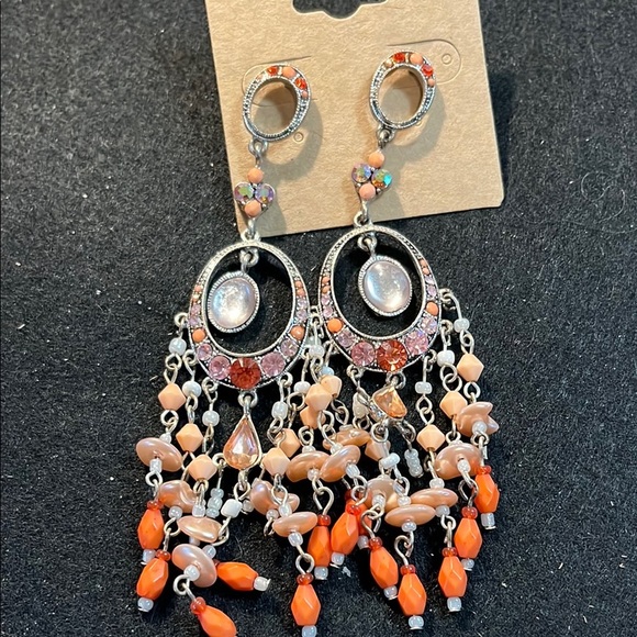 Jewelry - Sparkly Silver and Orange Chandelier Earrings